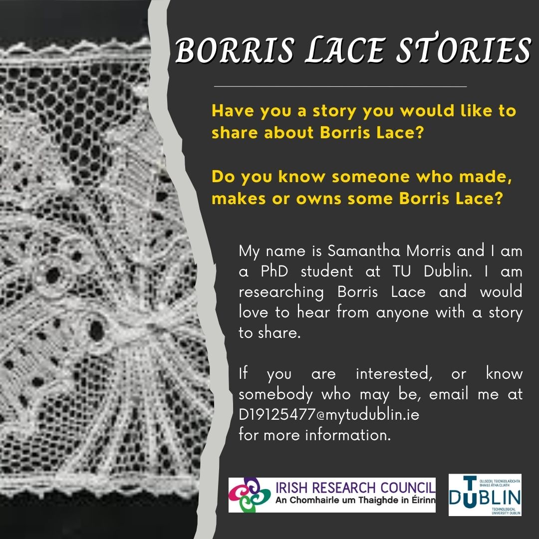 Samantha Morris (@samantham0rris) on Twitter photo If you know anyone with a #story to share about <a href="/BorrisLace/">Borris Lacemakers</a> please get in touch #lace
<a href="/Researchirel/">Research Ireland</a> <a href="/TUDublinTHM/">TU Dublin Tourism & Hospitality Management</a> <a href="/WeAreTUDublin/">TU Dublin / OT Baile Átha Cliath</a>
<a href="/CarlowCountyMus/">Carlow County Museum</a> <a href="/Carlow_Co_Co/">CarlowCountyCouncil</a>
RTs appreciated If you know anyone with a #story to share about <a href="/BorrisLace/">Borris Lacemakers</a> please get in touch #lace
<a href="/Researchirel/">Research Ireland</a> <a href="/TUDublinTHM/">TU Dublin Tourism & Hospitality Management</a> <a href="/WeAreTUDublin/">TU Dublin / OT Baile Átha Cliath</a>
<a href="/CarlowCountyMus/">Carlow County Museum</a> <a href="/Carlow_Co_Co/">CarlowCountyCouncil</a>
RTs appreciated