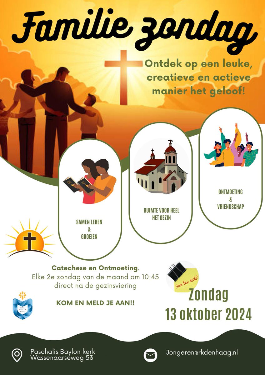 🥳 Vanaf aanstaande zondag 13 oktober is er iedere maand familiezondag 🤗. Na de viering is er catechese 🙏🏼 en ontmoeting 🙋‍♀️ voor kinderen , jongeren (t/m 18 jaar) en ouders. 
Meer informatie vind je op de onderstaande poster 👇 en op: rkdenhaag.nl/familiezondag/
