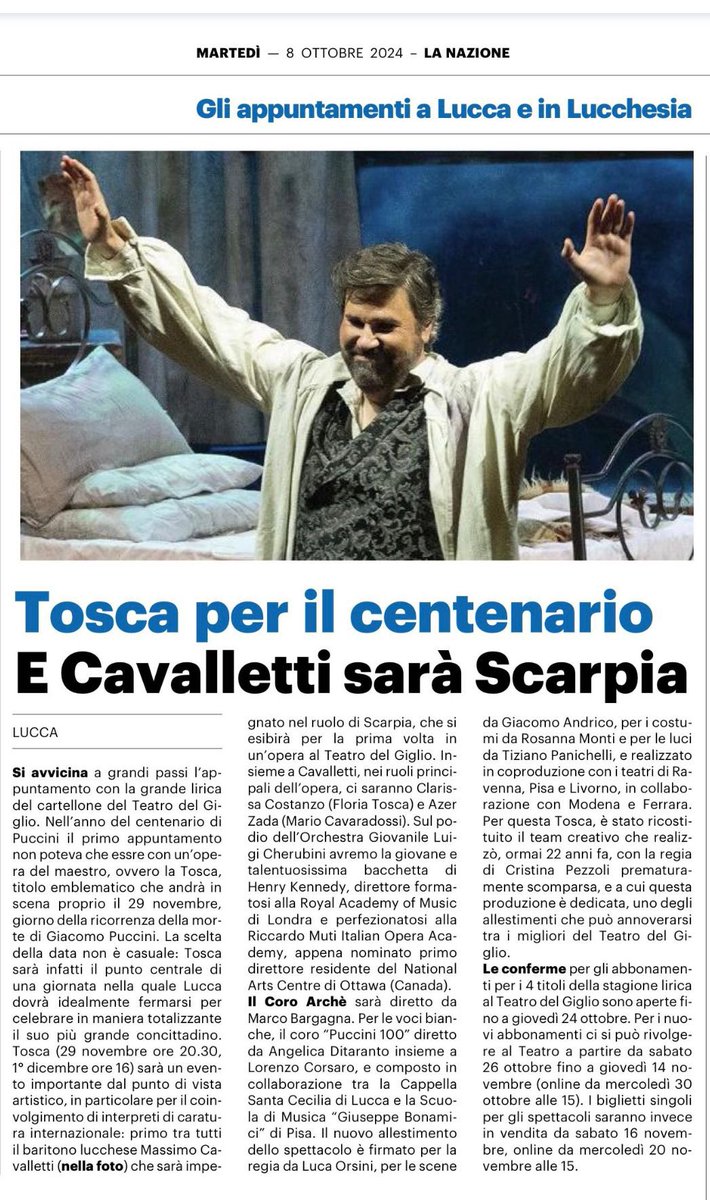 Prossimo 29 novembre e 1 dicembre 2024!! Tosca al <a href="/TeatrodelGiglio/">teatrodelgiglio</a> di Lucca! Nel centenario della scomparsa del maestro Giacomo Puccini! 
Finalmente Scarpia nella mia città! 
Grazie <a href="/qn_lanazione/">La Nazione</a> per questa bellissima pagina!
