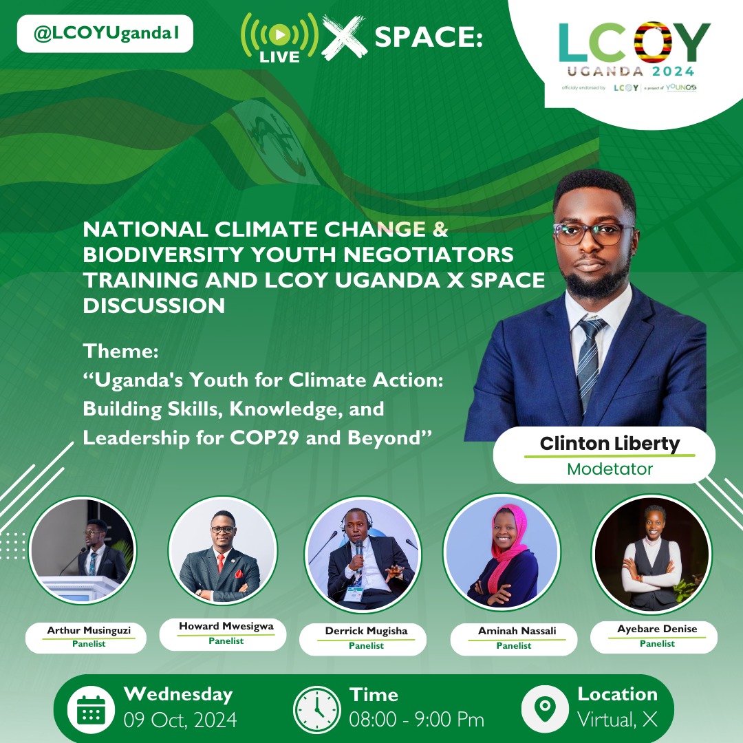 Join us tomorrow for an exciting X Space on Climate Change and Biodiversity Youth Negotiators Training and LCOY. The discussion will focus on youth-driven climate action &amp; negotiations ahead of COP29.
Set a reminder &amp; join us: x.com/i/spaces/1lPKq…

#COP29 #LCOYUganda2024