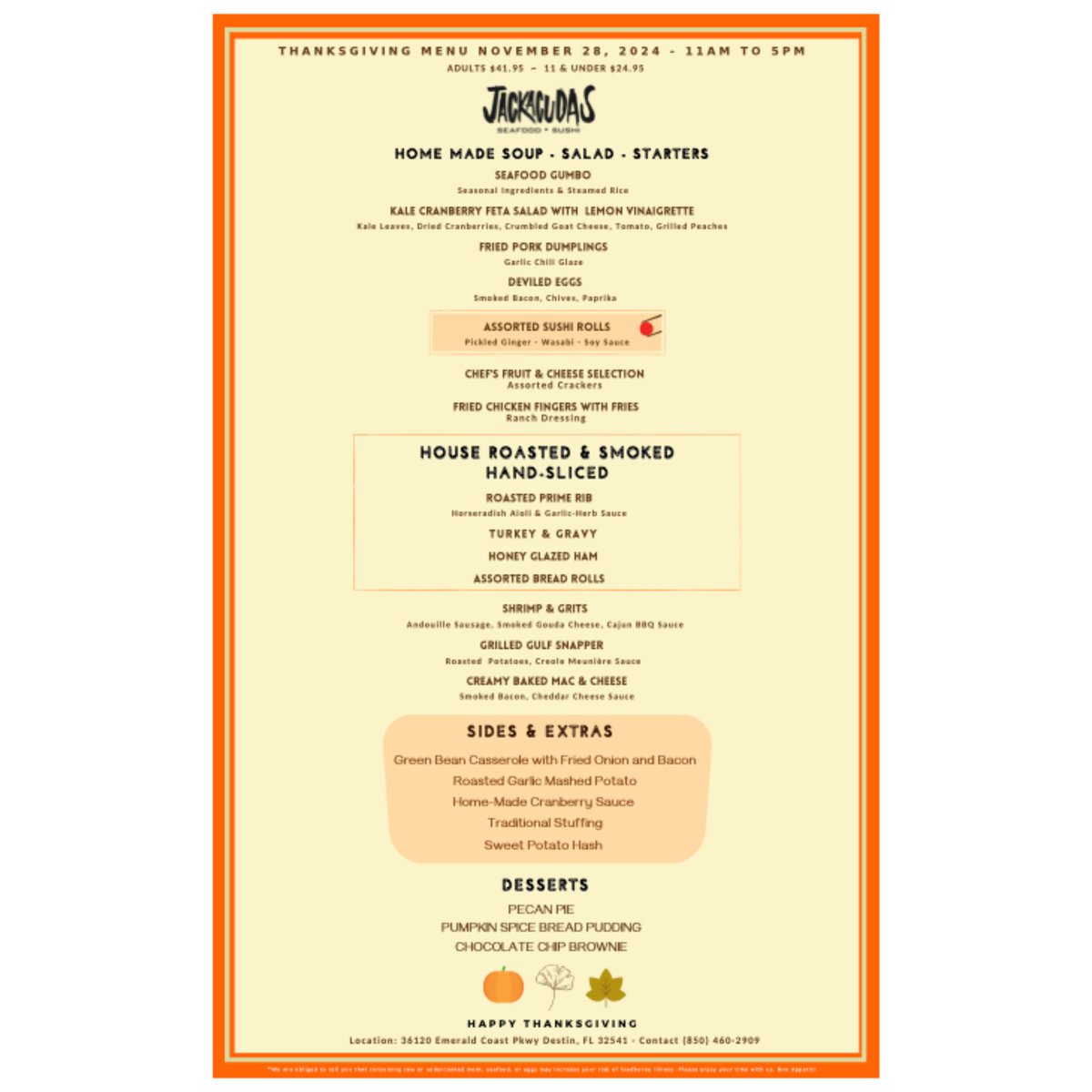 Jackacudas's tweet photo. Believe it or not- #Thanksgiving is almost here! Now is the time to reserve your spot at the #Jackacudas table. This year’s menu includes everything from sushi, to prime rib, to our famous shrimp and grits! There’s something for everyone on 11/28 from 11a-5p! https://t.co/MTc989a8H1