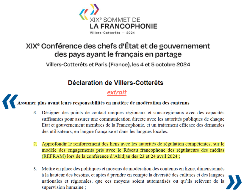 Représenté par son président <a href="/romaistre/">Roch-Olivier Maistre</a>, la présidente de la <a href="/HACAMOROCCO/">HACA</a> et le président de la <a href="/HacaCI/">HACA</a> à la session inaugurale du XIXè Sommet de la Francophonie, le <a href="/OfficielREFRAM/">Réseau francophone des régulateurs des médias</a>  voit ses actions de dialogue avec les plateformes en ligne saluées et encouragées à haut niveau🎆