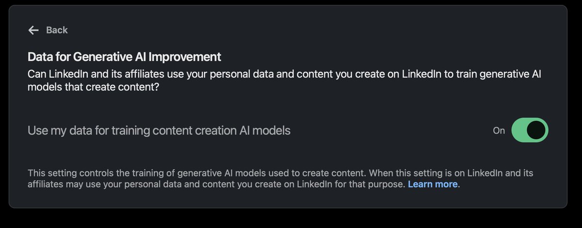 If anyone is interested, I’ve just noticed that LinkedIn will now use your personal info for AI data training unless you opt out. So many of these companies are trying to steal our info now and they won’t even tell you they’re doing it, you’re just expected to know.