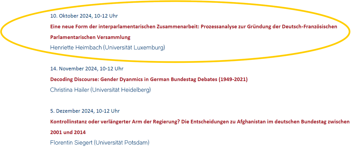 🗓️Am Donnerstag geht es in die nächste Runde des IParl-Forschungskolloquiums. <a href="/HenrietHeimbach/">Henriette Heimbach</a> von der <a href="/uni_lu/">uni.lu</a> gibt uns Einblicke in ihr Forschungsprojekt zur Deutsch-Französischen Parlamentarischen Versammlung.
Wer dabei sein möchte, kann sich unter pyschny@iparl.de anmelden.