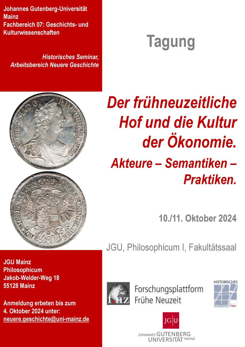 Wir freuen uns auf die spannenden Vorträge der Referent:innen und anregende Diskussionen, wenn die enge Verknüpfung von Hof und Ökonomie in der Frühen Neuzeit in den Vordergrund rückt. Interessierte sind natürlich immer herzlich willkommen <a href="/uni_mainz/">Universität Mainz</a> willkommen! #FrüheNeuzeit