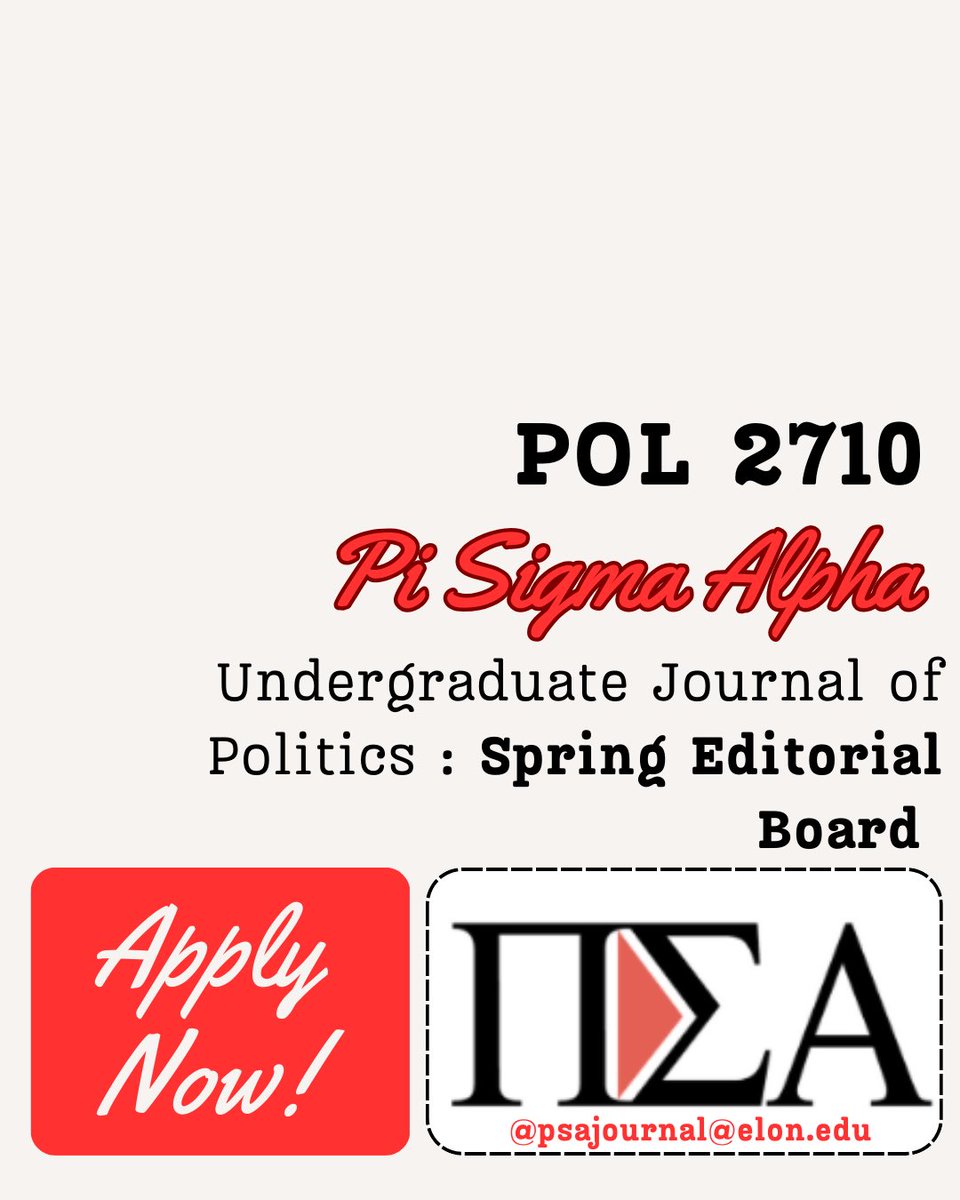 REMINDER TO APPLY‼️
Who? Any major in any grade❤️

What? Pi Sigma Alpha- Undergraduate Journal of Politics! 

When? A 2 credit course that meets once a week during Spring 2025 

Where? TBD 

Why? Amazing opportunity to be apart of publishing process!

-pisigmaalpha@elon.edu
