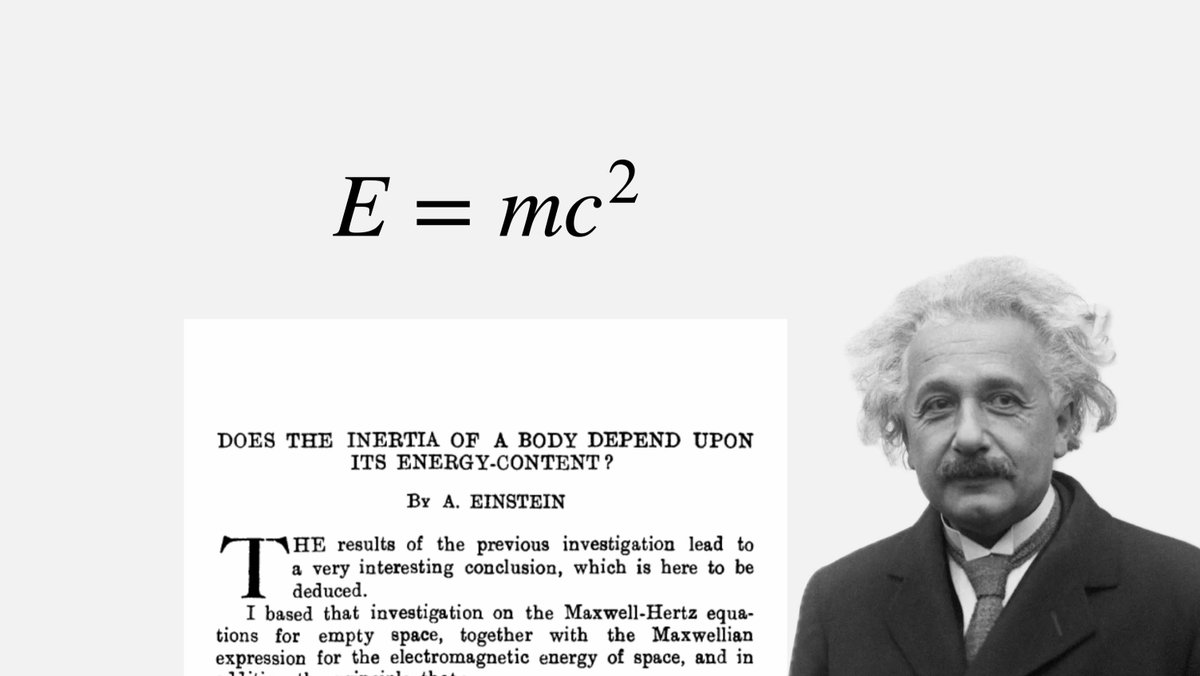 fermatslibrary's tweet image. In 1905 Einstein wrote a paper where he asked: "Does the inertia of a body depend upon its energy content?"

From this question, he wrote a 3 page paper where he derived the now-famous 𝐸=𝑚𝑐^2

He proved that energy and mass are interchangeable. This simple equation…