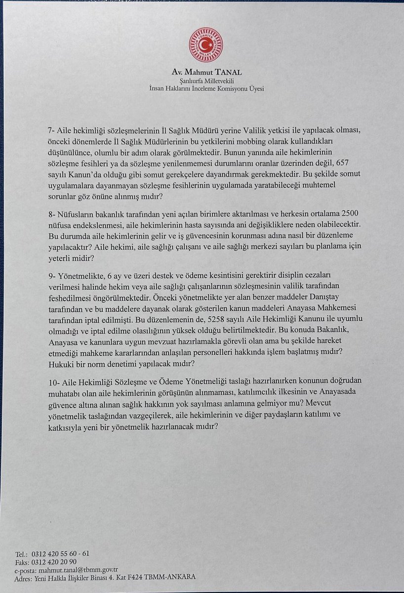 Sağlık Bakanlığı, birinci basamak sağlık hizmeti sunan aile hekimleri için idam sehpası kurdu!

Sağlık Bakanlığı tarafından hazırlanan tartışmalı yeni Aile Hekimliği Sözleşme ve Ödeme Yönetmeliği taslağını, soru önergesi yoluyla Meclis gündemine taşıdım.

Gelin yanlıştan dönün!