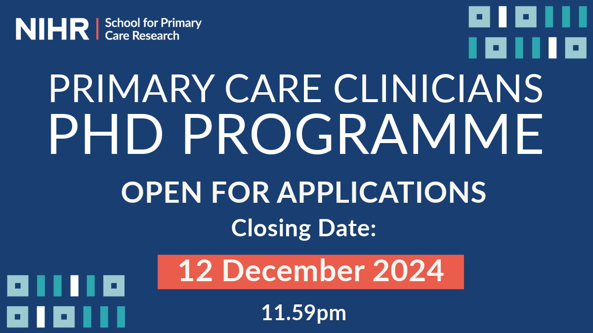 NIHR School for Primary Care Research (@nihrspcr) on Twitter photo Our Primary Care Clinicians #PhD programme is open for applications. Applicable to #PrimaryCare #clinicians incl. GPs, nurses, health visitors, dentists, pharmacists & optometrists: bit.ly/SPCR-PHDPCC 🗓️Closing Date: 11.59pm 12 Dec 2024
<a href="/NIHRSPCR/">NIHR School for Primary Care Research</a>
<a href="/wellcometrust/">Wellcome</a>
<a href="/sapcacuk/">SAPC</a> Our Primary Care Clinicians #PhD programme is open for applications. Applicable to #PrimaryCare #clinicians incl. GPs, nurses, health visitors, dentists, pharmacists & optometrists: bit.ly/SPCR-PHDPCC 🗓️Closing Date: 11.59pm 12 Dec 2024
<a href="/NIHRSPCR/">NIHR School for Primary Care Research</a>
<a href="/wellcometrust/">Wellcome</a>
<a href="/sapcacuk/">SAPC</a>