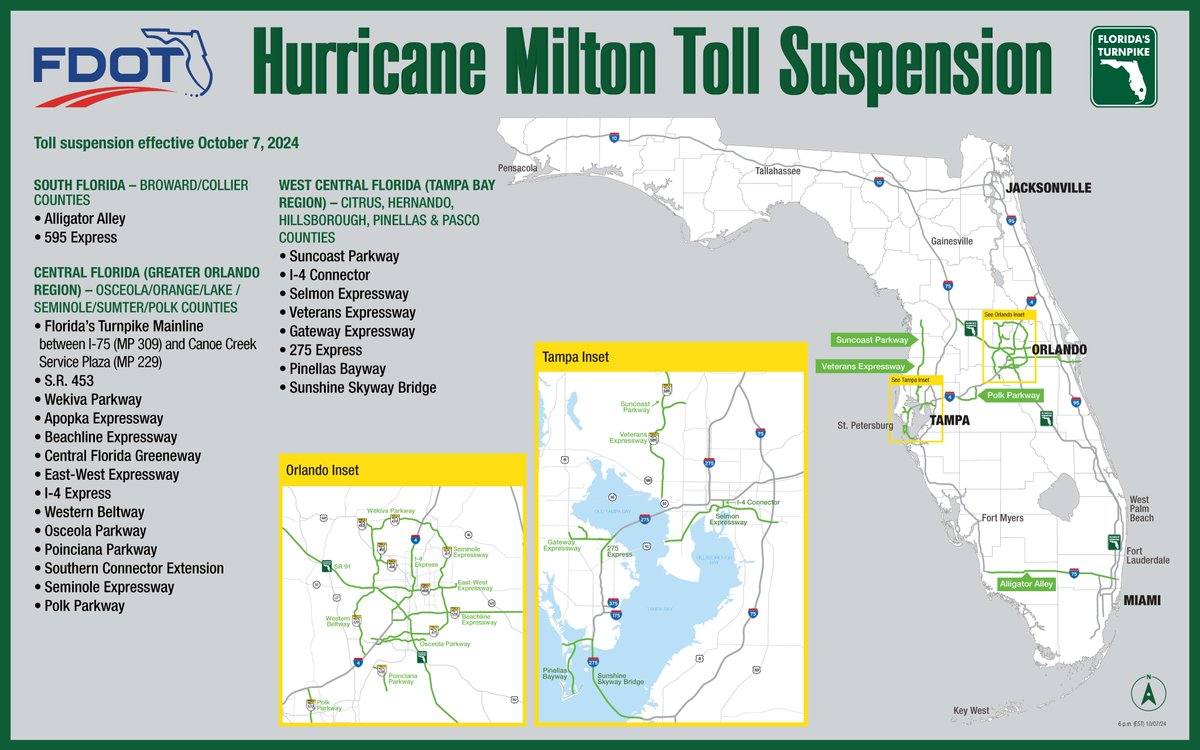 FLORIDA DOT (@myfdot) on Twitter photo There is still time to safely evacuate, but the window is narrowing. To further facilitate evacuations as #HurricaneMilton approaches FL, tolls in west & central florida as well as Alligator Alley and 595 Express have been suspended. ESU is also still in place along Eastbound I-4 There is still time to safely evacuate, but the window is narrowing. To further facilitate evacuations as #HurricaneMilton approaches FL, tolls in west & central florida as well as Alligator Alley and 595 Express have been suspended. ESU is also still in place along Eastbound I-4