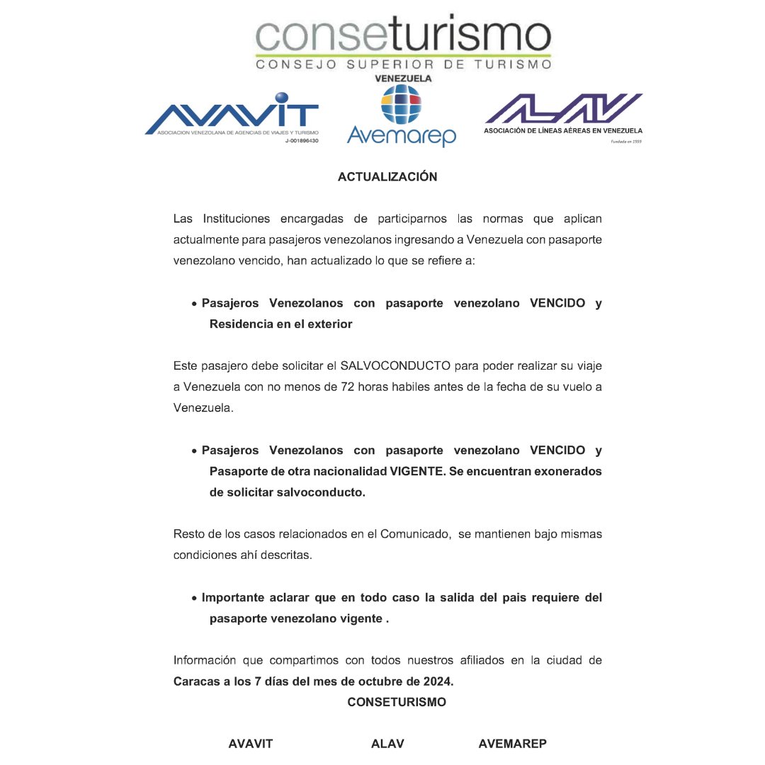 AVAVIT1's tweet photo. ACTUALIZACIÓN |  Las Instituciones encargadas de participarnos las normas que aplican actualmente para pasajeros venezolanos ingresando a Venezuela con pasaporte venezolano vencido, han actualizado lo que se refiere a: https://t.co/jD3w3vVT1n