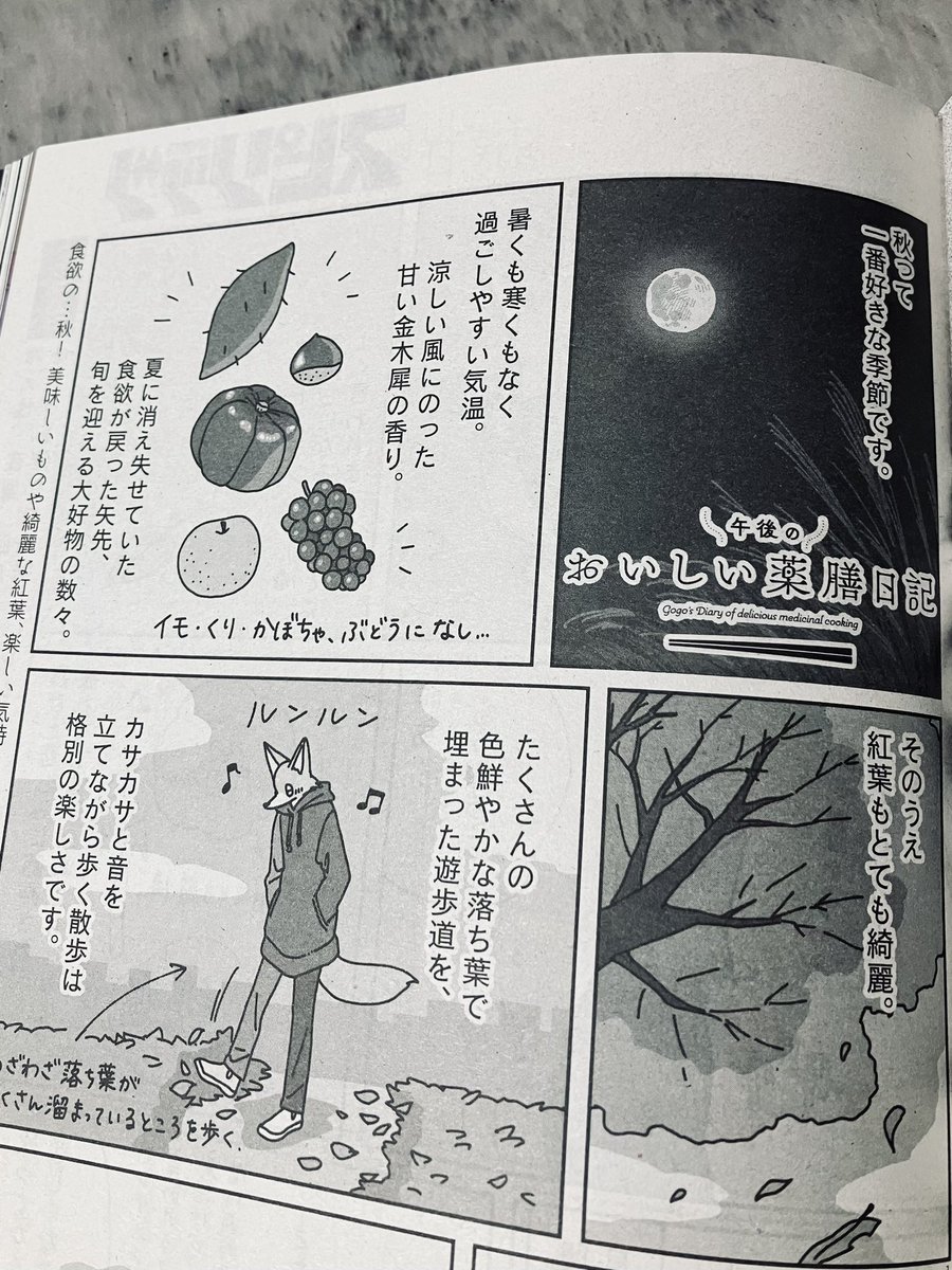 発売中の週刊スピリッツ45号にて
#午後のおいしい薬膳日記
第5話を掲載していただいています!今回は卵で、秋のセンチメンタルな気持ちに向き合うお話です🍂
電子レンジで作れるプリンのレシピもご紹介しています🍮とっても簡単になめらかプリンが作れるので、お試しいただけたら嬉しいです。
