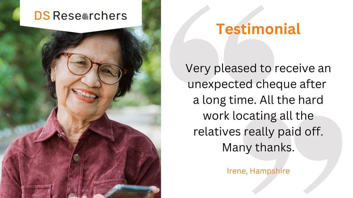 DSResearchers's tweet image. ✨ TESTIMONIAL TUESDAY ✨

&quot;Very pleased to receive an unexpected cheque after a long time. All the hard work locating all the relatives really paid off. Many thanks.&quot; - Irene, Hampshire

#testimonial #probate #probateresearch #probategenealogy #genealogy #genealogist