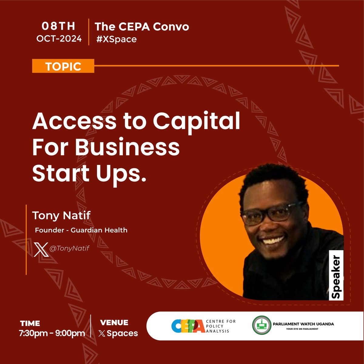 🔗: x.com/i/spaces/1YpKk…

Joining us today at 7:30 pm for the #CEPAconvo is <a href="/TonyNatif/">Anthony Natif</a>, an oncology pharmacist specialising in cancer treatment. 

He previously served as the Head of Cancer Pharmacy Services and Head of Finance and Administration at the Uganda Cancer