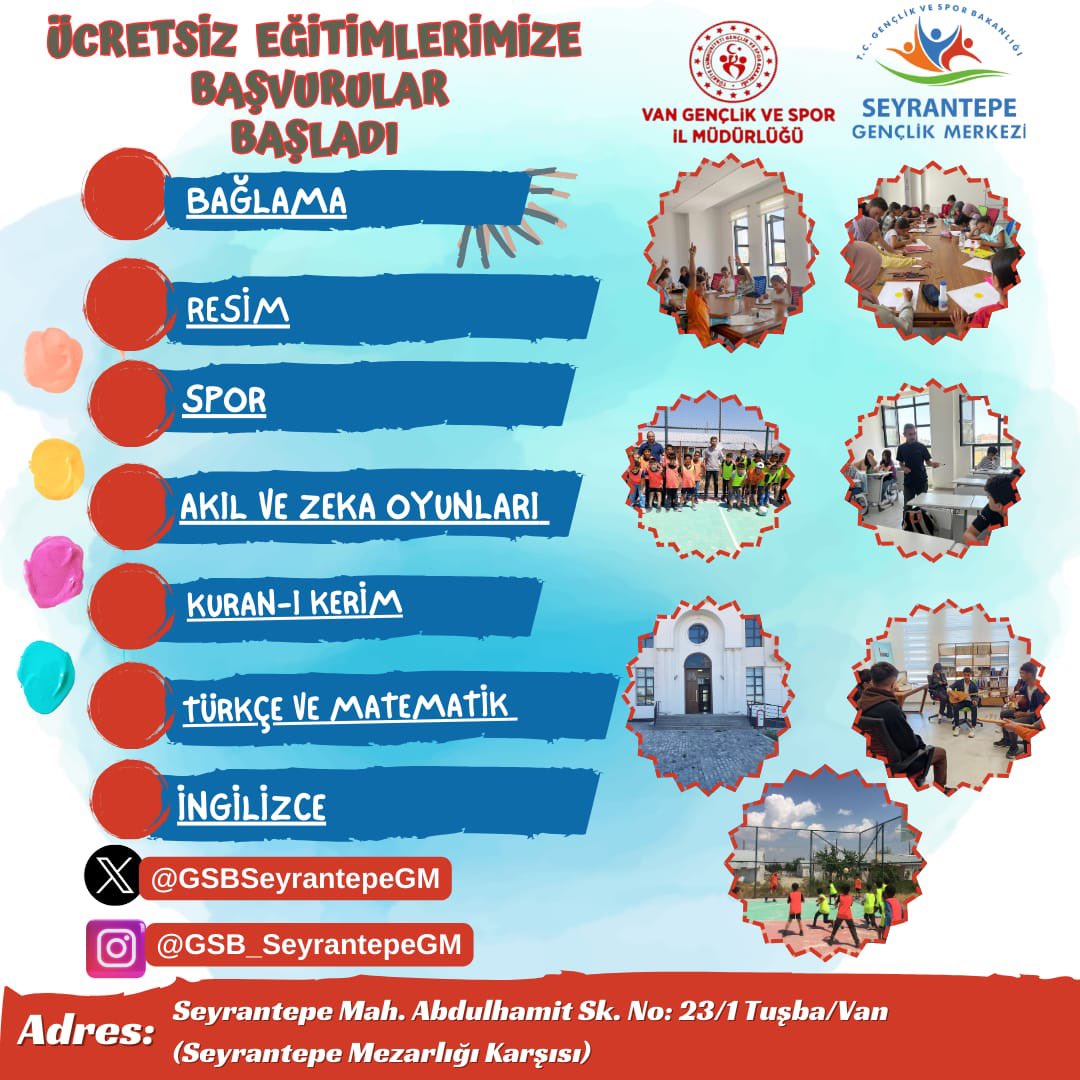 GSBSeyrantepeGM's tweet photo. Kıymetli gençler!

Gençlik merkezimizde yeni dönem atölye eğitimleri kayıtları başlamıştır. Kayıt ve detaylı bilgi için ikinci eviniz gençlik merkezine bekleriz.👍😊

#gsbgm
@gsbgenclik 
@gencliksporbak https://t.co/Dm8VxuwP2R