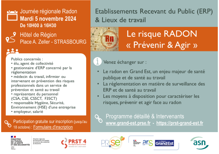 ASNR_FR's tweet photo. Une journée d’information sur le #radon, gaz naturel radioactif, est organisée le 5 novembre 2024 à @strasbourg
Elle s'adresse notamment aux collectivités, entreprises et services de prévention et de santé au travail de la @regiongrandest
#ARS #PRST #PRSE #radioprotection https://t.co/yeR2s3wDmr