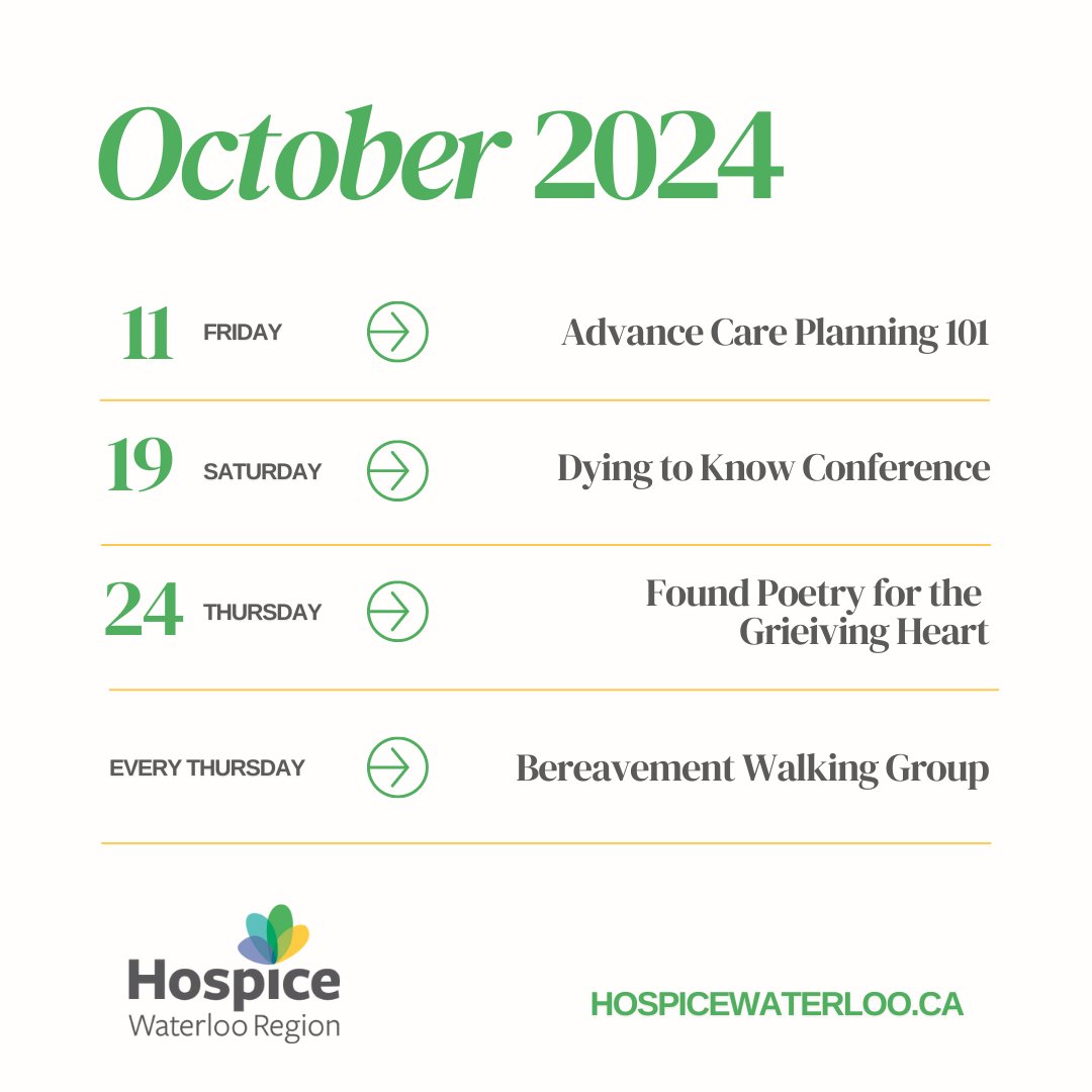 HWR offers several events and workshops to the community at no charge. 

Upcoming October events:
Oct. 11 - ACP 101 
Oct. 19 - DyingToKnow.ca
Oct. 24 - Found poetry for the Grieving Heart
Thursdays - Bereavement Walking Group

Full calendar: bit.ly/3yOl2c0