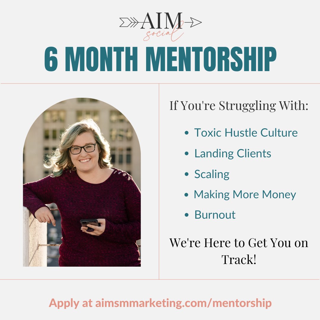 If you're trying to grow your business, and you're struggling with these, I'm here to help you.

I know it's scary but if you invest in this mentorship...

⭐We’re in this to show up.
⭐We’re in this to grow.
⭐We’re in this to scale.

Are you ready?

aimsmmarketing.com/mentorship/