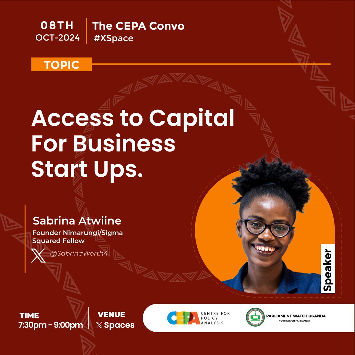 🔗: x.com/i/spaces/1YpKk…

Sabrina - @SabrinaWorth4, a dynamic leader, community builder, and innovator passionate about people, processes, and tech, will also be part of the #CEPAconvo today at 7:30 pm.

She is committed to empowering underserved communities, championing youth