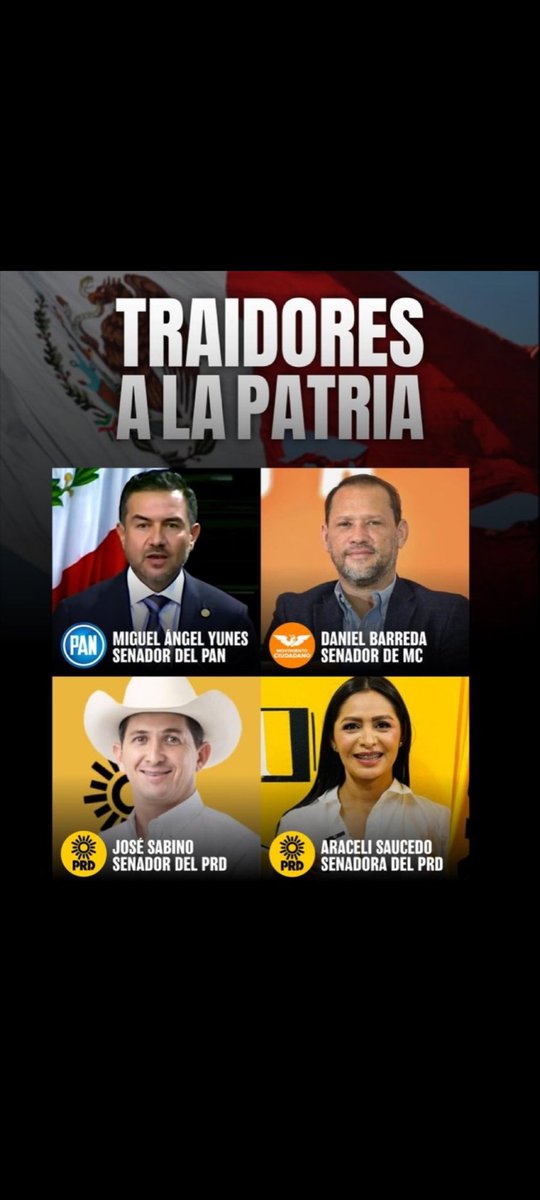 Van 29 días de la traición y <a href="/YoconYunes/">Miguel Ángel Yunes</a> dijo que a los 15 días lo olvidaríamos.

¿Es cierto? 

Que no haya un sólo momento en que dejemos de recordarles a estos cuatro perros, la traición que le han hecho a México.

<a href="/DanielBarredaP/">DANIEL BARREDA</a>
<a href="/MYunesMarquez/">Miguel Ángel Yunes Márquez</a>
<a href="/reye_saucedo/">Araceli Saucedo</a>
<a href="/J_SabinoHerrera/">José Sabino Herrera</a>