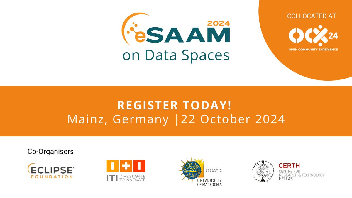 ResearchEclipse's tweet image. 🗓 On 22 October, we’re bringing together the #eSAAM2024 community at the 4th Eclipse Security, AI, Architecture, and Modelling Conference on Data Spaces, happening at #OCX24. 

Join us in Mainz, Germany on 22 October! hubs.la/Q02K9ZZy0
#ResearchEclipse
