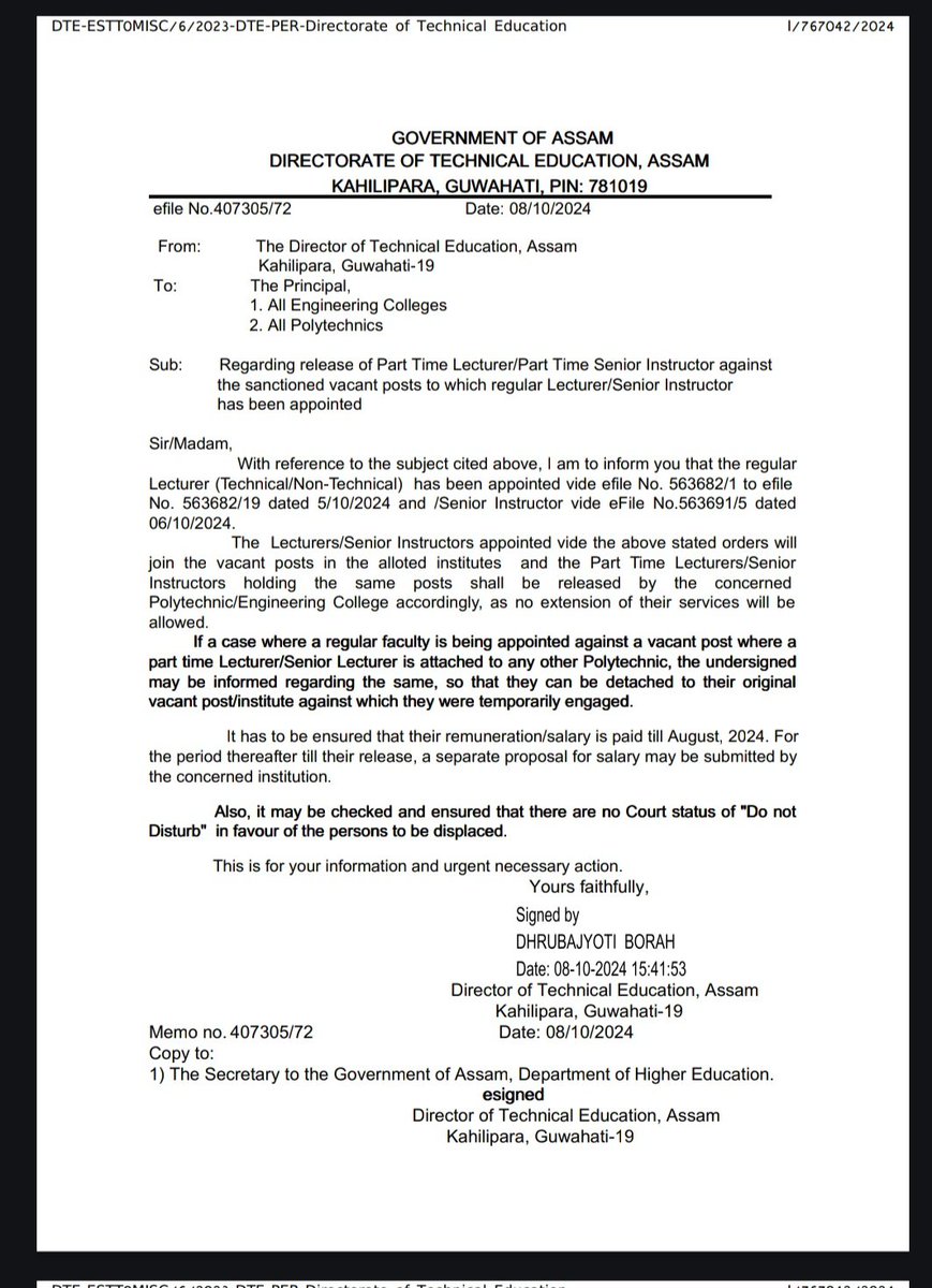 Debasis69486220's tweet photo. Hon'ble CM Sir @himantabiswa   Last month, the cabinet decided to re-engage all  part-time faculty in Engineering &amp; Polytechnic colleges under 3F regulations. However, a recent notice suggests termination. This contradictory action is causing confusion. @ranojpeguassam https://t.co/ylxi8LvulL