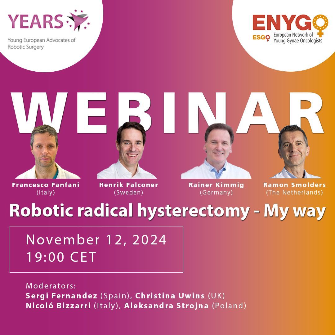 Gear up for a fantastic webinar for our early career colleagues! Learn the experts’ way for robotic radical hysterectomy, with <a href="/frafanfani/">Francesco Fanfani</a> 🇮🇹, <a href="/falconer_henrik/">Henrik Falconer</a> 🇸🇪, Rainer Kimmig 🇩🇪 &amp; Ramon Smolders 🇳🇱 

Save your spot 👉 sergs.org/videoportal/we… 

#roboticsurgery <a href="/ENYGO_official/">European Network of Young Gynae Oncologists</a>