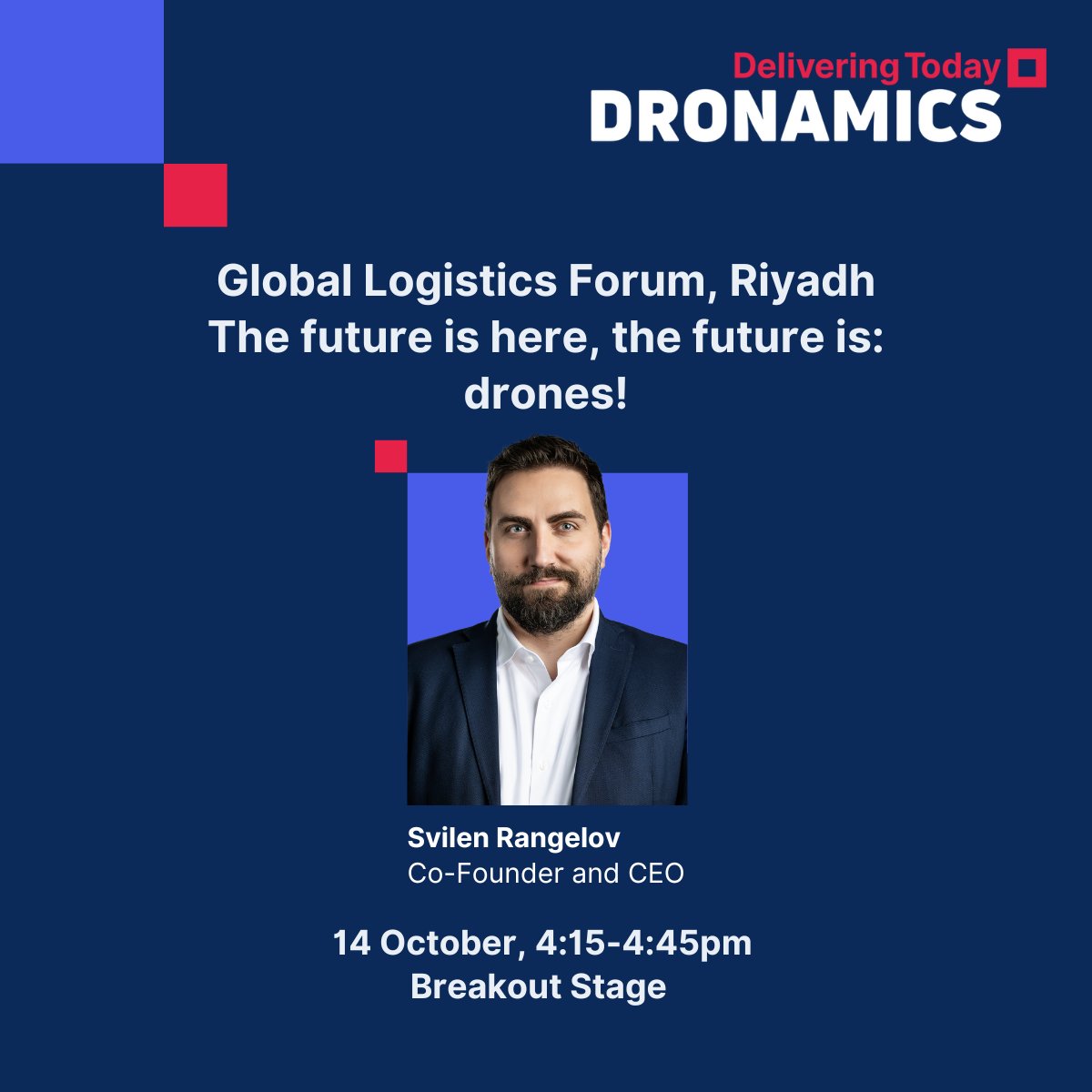 Next stop ⏩ @GlobalLogisticForum Riyadh
Our Co-Founder and CEO <a href="/svilenrangelov/">Svilen Rangelov</a>  will be taking up the stage at GLF for a panel discussion on the transformative potential of drone logistics

🗓️Monday, 14th of October, 4:15 pm
📍Break Out Stage