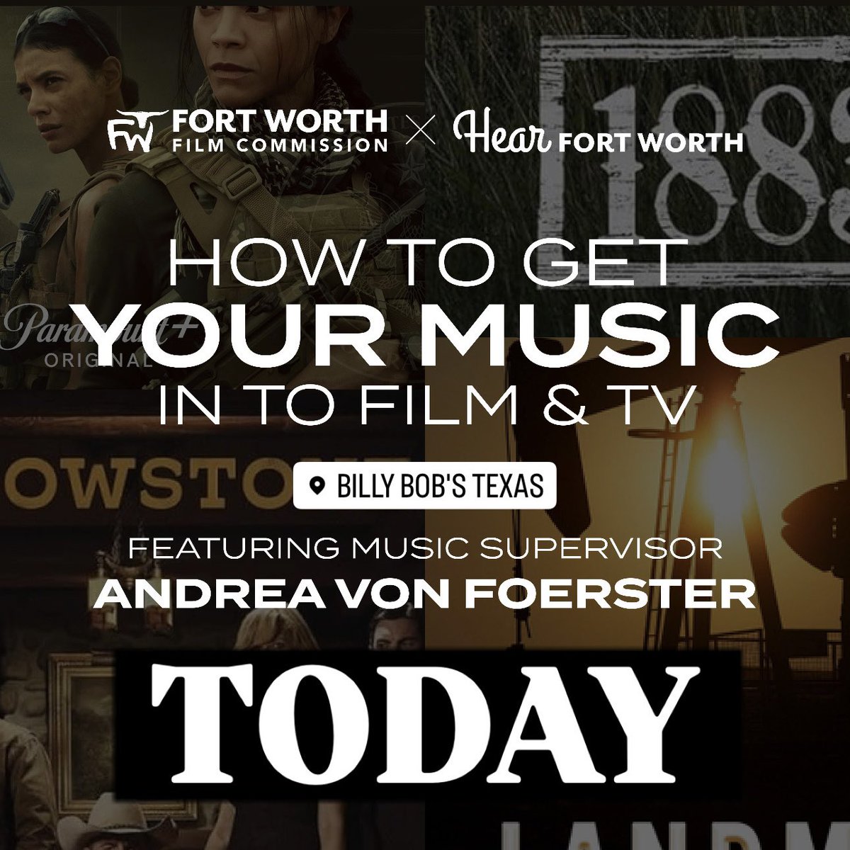 TODAY— @filmfortworth X @hearfortworth Present  “How to Get Your Music in to Film &amp; TV” with @yellowstone music supervisor, 
Andrea von Foerster

October 8, 2024
1-5PM
@billybobstexas 

Registration is 🆓 RSVP Required!

🔽  RSVP 🔽 
tinyurl.com/FWAVON