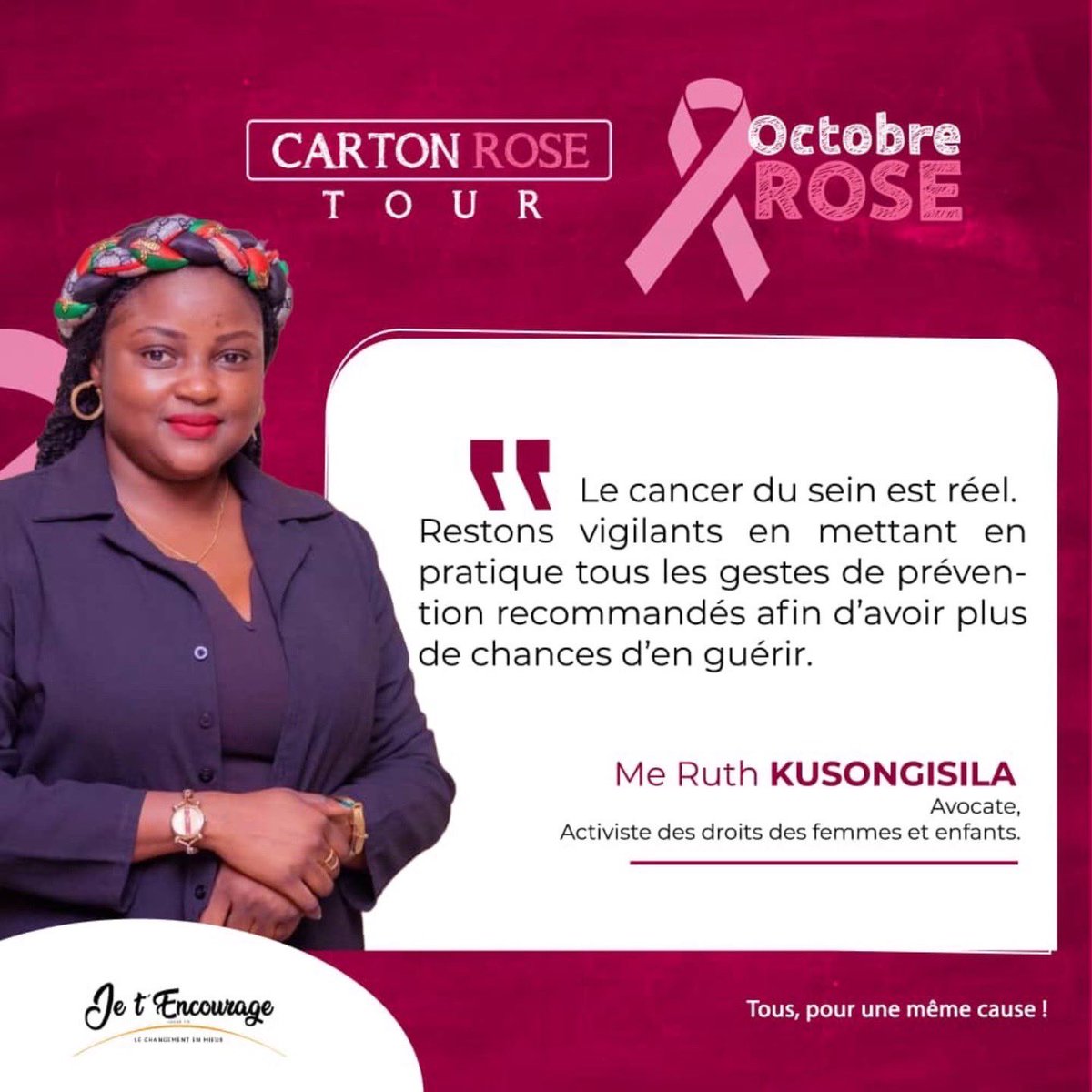 Ruth KUSONGISILA (@ruthkusongisila) on Twitter photo Octobre rose, oui.
Mais en réalité, il faut savoir que le cancer du sein ne se limite pas qu’au 10ème mois de l’année, puisqu’il affecte des vies à chaque instant.
Restons vigilants.
<a href="/Jetencourage/">Je t'encourage (ONG)</a> <a href="/diakiese_lydia/">Lydia Diakiese</a> <a href="/katako_onya/">Onya Katako Yasmine</a>
<a href="/CnjRDC/">Conseil National de la Jeunesse CNJ-RDC</a> <a href="/DeniseNyakeru/">Denise NYAKERU TSHISEKEDI</a> <a href="/ONUFemmesRDC/">ONU Femmes RDC</a> <a href="/femme_radio/">Radio-Télévision de la Femme</a> Octobre rose, oui.
Mais en réalité, il faut savoir que le cancer du sein ne se limite pas qu’au 10ème mois de l’année, puisqu’il affecte des vies à chaque instant.
Restons vigilants.
<a href="/Jetencourage/">Je t'encourage (ONG)</a> <a href="/diakiese_lydia/">Lydia Diakiese</a> <a href="/katako_onya/">Onya Katako Yasmine</a>
<a href="/CnjRDC/">Conseil National de la Jeunesse CNJ-RDC</a> <a href="/DeniseNyakeru/">Denise NYAKERU TSHISEKEDI</a> <a href="/ONUFemmesRDC/">ONU Femmes RDC</a> <a href="/femme_radio/">Radio-Télévision de la Femme</a>