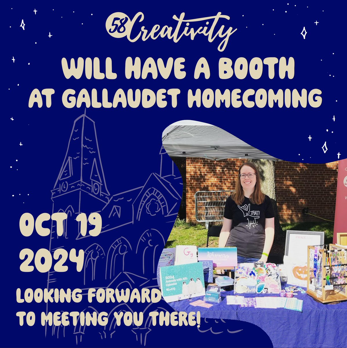 I'll have a vendor booth at Gallaudet University’s Homecoming on October 19th! 🏟️🎨 Looking forward to meeting you all and sharing the creative work we’ve been up to at 58 Creativity! 👋💫