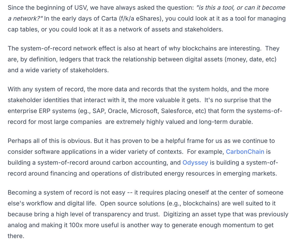 We've been trying to understand what can make something defensible at the AI application layer. Data network effects, specifically "System of Record" ones, are one potential characteristic. This <a href="/nickgrossman/">Nick Grossman</a> post explains further.