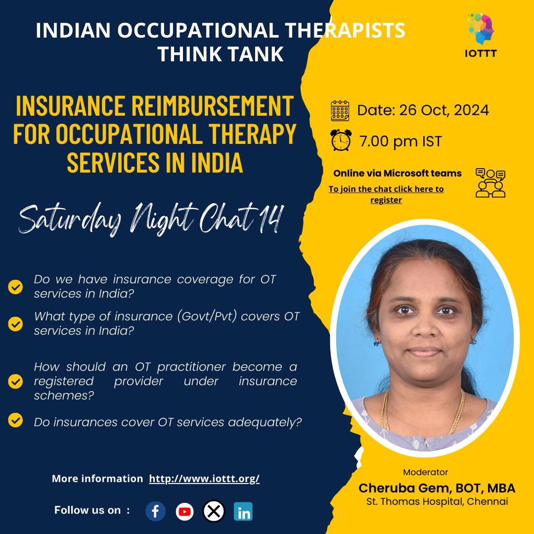Let’s talk about insurance reimbursement for OT services in the context of India. Register for our next Saturday Night Chat soon!!!

Date: October 26, 2024
Time: 7 p.m. IST 

docs.google.com/forms/d/e/1FAI…
