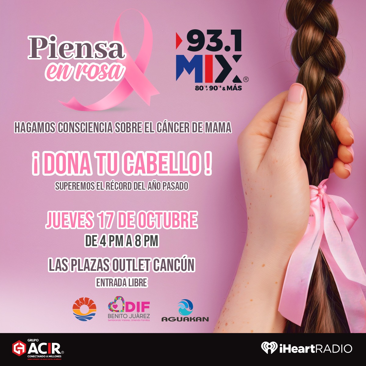 AnaPaoMx's tweet photo. Mixers jueves 17 de octubre nos vemos de 4 a 8 pm en Las Plazas Oulet Cancún en PIENSA EN ROSA 💖 ¡Hagamos consciencia sobre el cáncer de mama!
Dona tu cabello y súmate a esta noble causa
¡Mándame mensaje!
Gracias por ser parte de PIENSA EN ROSA 💕
#931Mix #Cancún #MixMixMix https://t.co/r91Iafc0G0