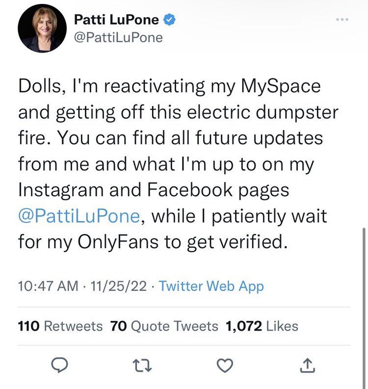 michellehomez's tweet photo. I’d like to expose everyone to the short sweet time that Patti LuPone had twitter https://t.co/VwzUeR8wUd