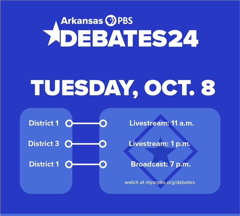 ArkansasTV_'s tweet photo. Today’s #ARPBSDebates will feature streaming coverage of the #AR1 and #AR3 debates, and a primetime broadcast of the #AR1 debate.

Watch live and learn more: https://t.co/YAjlcsIMBY.

#arpx #ARNews @RepRickCrawford @Rodney4Arkansas @BobbyUScongress @caitlinforark @Rep_SteveWomack https://t.co/ssLO1jOl8U
