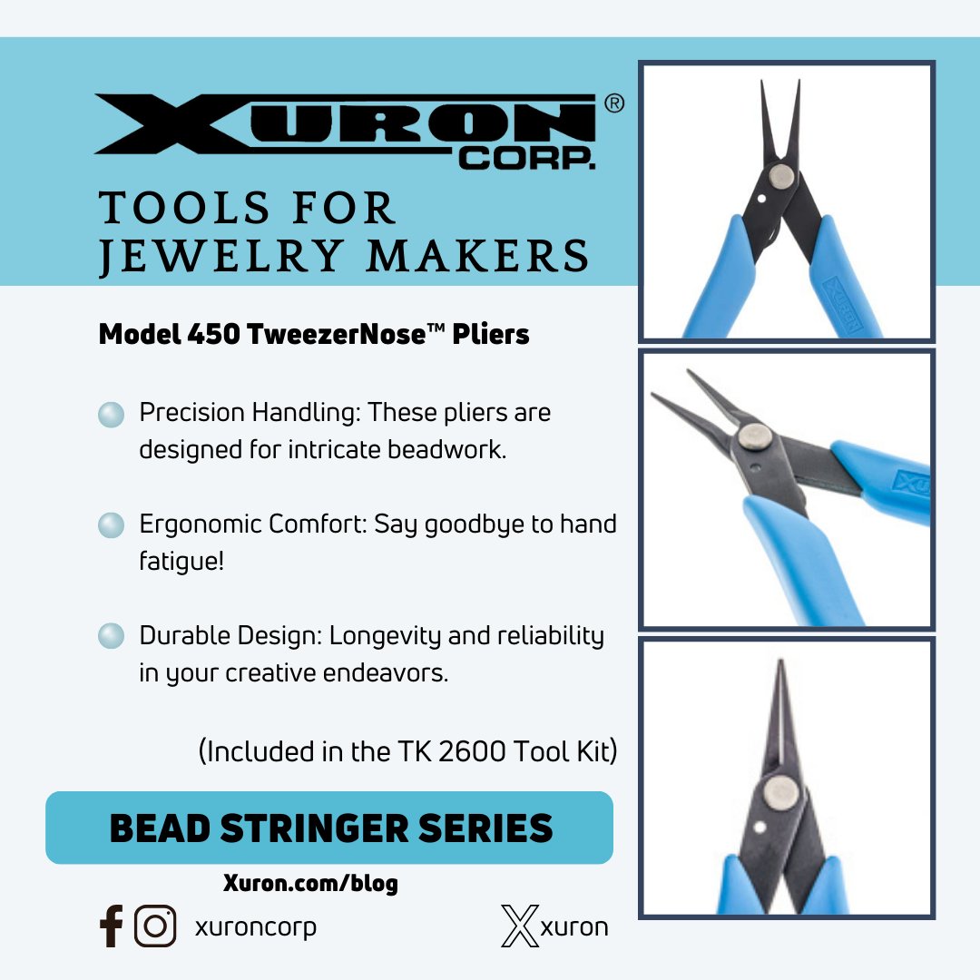 Xuron's tweet image. Hey jewelry makers! 🎨✨ Discover the Xuron® 450 TweezerNose™ Pliers—ideal for precise beadwork and ergonomic comfort. Join our Xuron® Jewelry Tools community for a chance to WIN the TK 2600 Bead Stringer&apos;s Tool Kit! 🎁✨ #XuronTools #JewelryMaking