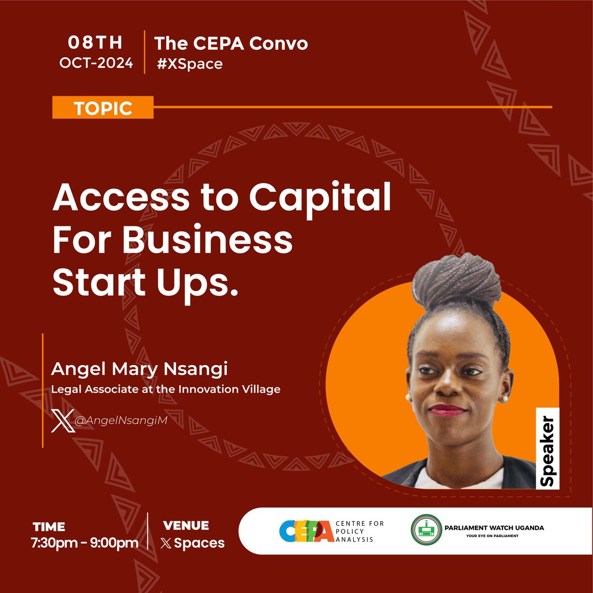 🔗: x.com/i/spaces/1YpKk…

At 7:30 pm on the #CEPAconvo, we will also be joined by Angel - <a href="/AngelNsangiM/">Angel Mary Nsangi</a>, a renowned lawyer with expert knowledge of corporate and commercial law. 

Currently, at the Innovation Village, she supports Startups with compliance, Business