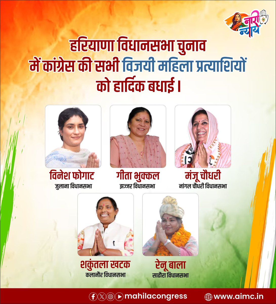 हरियाणा विधानसभा चुनाव में कांग्रेस की सभी विजयी महिला प्रत्याशियों को अखिल भारतीय महिला कांग्रेस की ओर से हार्दिक बधाई एवं शुभकामनाएं! 

आपकी यह जीत, नारी-न्याय और आधी आबादी की पूरी हिस्सेदारी की जीत है!