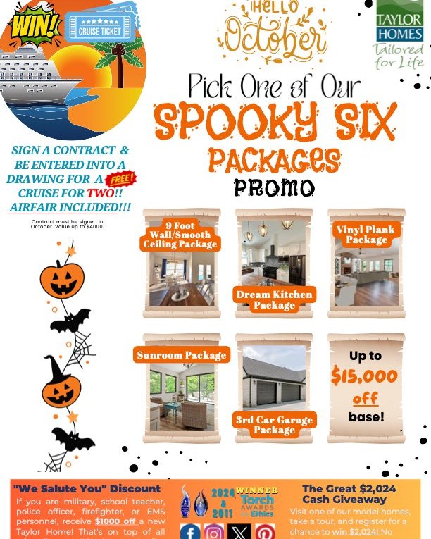 TaylorHomes's tweet photo. This month, we have a scary-good promo you don't want to miss. Pick from one of our spooky six packages!  Choose from our dream kitchen package, sunroom package, and more. Also, when you sign in October, you will be entered into a drawing to win a FREE cruise for two!!! https://t.co/43oeZn4H7O