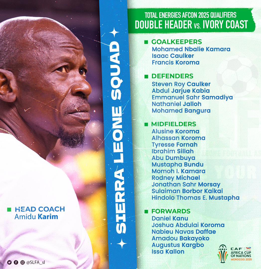 KamboAugustine's tweet photo. The Sierra Leone final team list was announced by the technical team headed by coach Amidu Karim to face the Ivory Coast in the African Nations Cup qualifier double encounter in Abidjan. https://t.co/avVEvaECIo