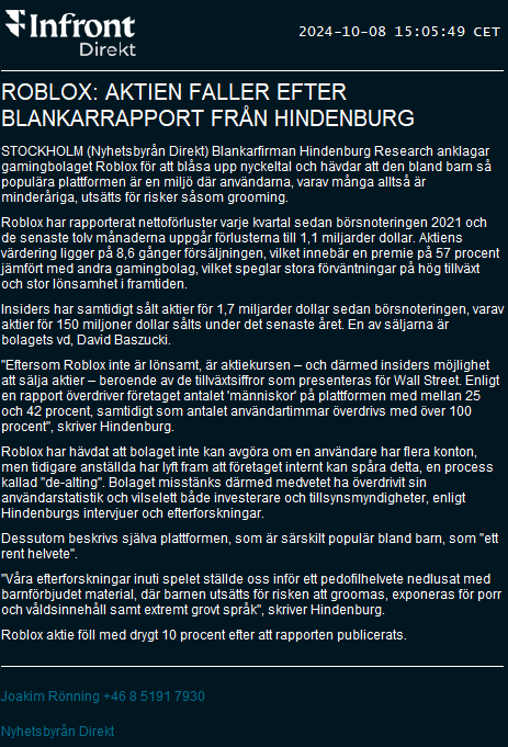 "Våra efterforskningar ställde oss inför ett pedofilhelvete nedlusat med barnförbjudet material, där barnen utsätts för grooming, exponeras för porr och våldsinnehåll samt extremt grovt språk"

Mer än videovåldsdebatt när blankarfirman Hindenburg beskriver spelplattformen Roblox.