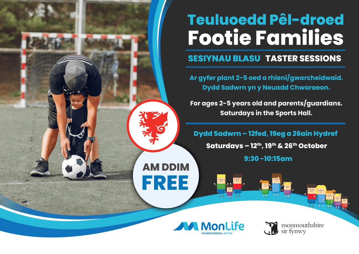 Ymunwch â ni ar gyfer Teuluoedd Pêl-droed yng Nghanolfan Hamdden Cas-gwent! ⚽
Join us for Footie Families at Chepstow Leisure Centre!  ⚽

Dewch draw i chwarae rhan! FFONIWCH NAWR : 01633 644800
Come and get involved! CALL US NOW : 01633 644800