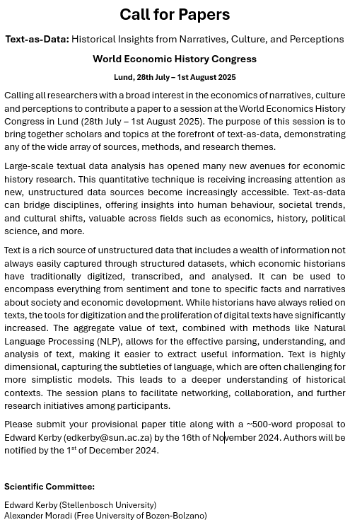 Time Traveller (@timetraveldata) on Twitter photo 📢Calling all Text-as-Data researchers ⭐️CfP Text-as-Data session: Narratives, Culture and Perceptions💥World Economic History Congress,📍Lund 2025. CfP deadline⏰16th Nov '24⌛️. <a href="/ellliottt/">Elliott Ash</a> <a href="/phinifa/">Philine Widmer</a> @essobecker 📢Calling all Text-as-Data researchers ⭐️CfP Text-as-Data session: Narratives, Culture and Perceptions💥World Economic History Congress,📍Lund 2025. CfP deadline⏰16th Nov '24⌛️. <a href="/ellliottt/">Elliott Ash</a> <a href="/phinifa/">Philine Widmer</a> @essobecker