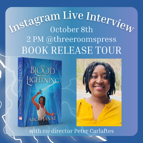 threeroomspress's tweet photo. Celebrate the release of OF BLOOD AND LIGHTNING today on our IG Live interview of @Micki_Zi at 2 pm EDT with Three Rooms Press co-director Peter Carlaftes @carpet204 https://t.co/qeTwOsbZQf