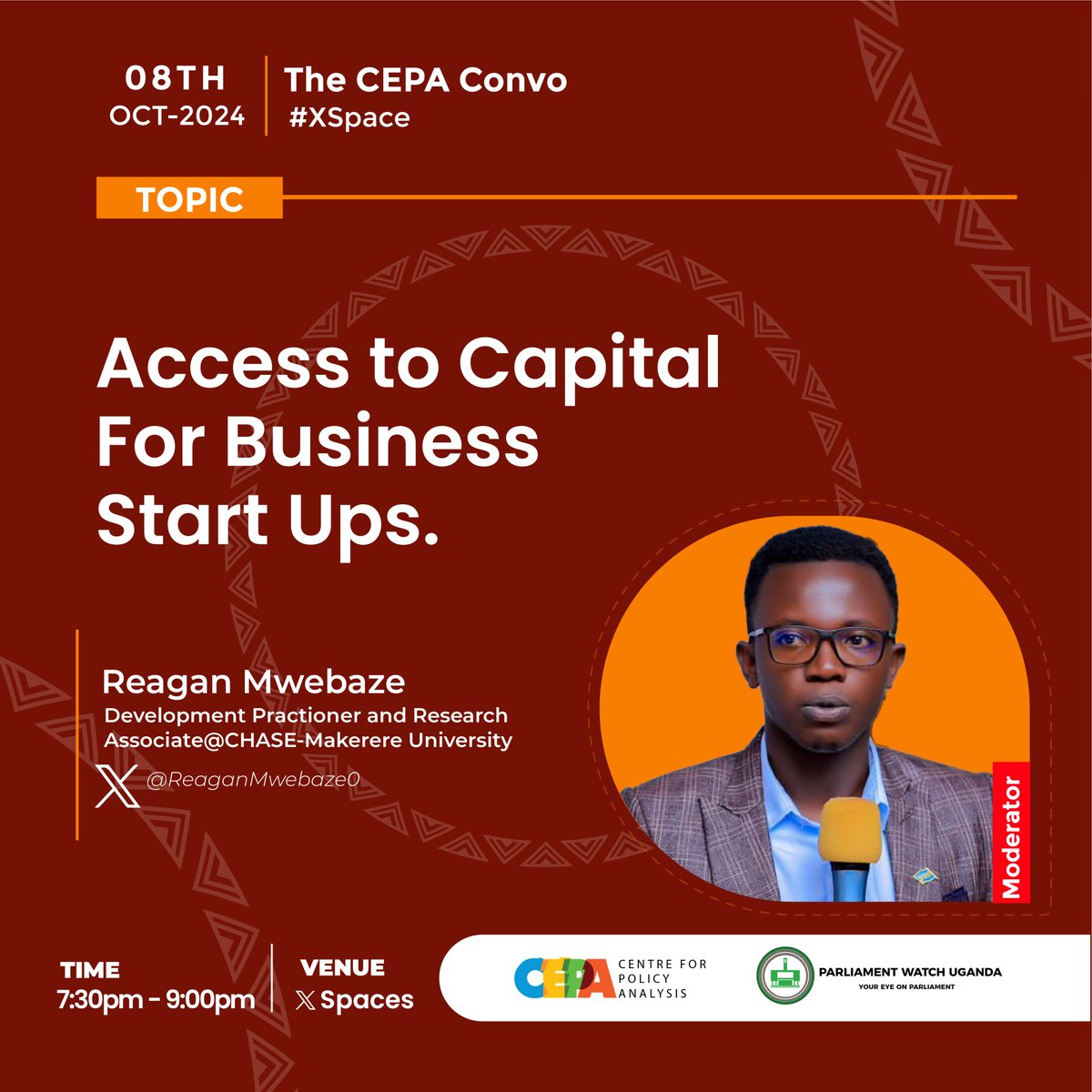 🔗: x.com/i/spaces/1YpKk…

The #CEPAconvo today at 7:30 pm will be moderated by Reagan - <a href="/ReaganMwebaze0/">#Reagan's pulse</a>, the Partnerships and Regional coordination Lead at <a href="/OneYoungAfrica/">YouLead Africa</a>. He has valuable experience in programs and fundraising, focusing on developing sustainable community