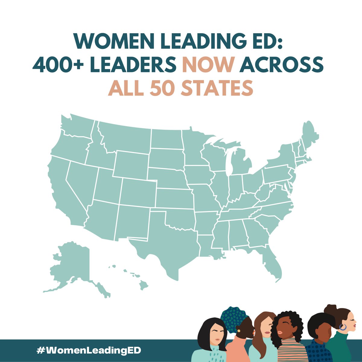WomenLeadingEd's tweet photo. From a conference-room sized affinity group to today, Women Leading Ed is proudly comprised of 400+ state and district leaders across all 50 states serving 1 in 3 public school students. 

Let's hear the WLE Network: Share where you lead &amp; let’s see the full scale of our impact! https://t.co/3m6G1NpW9Q