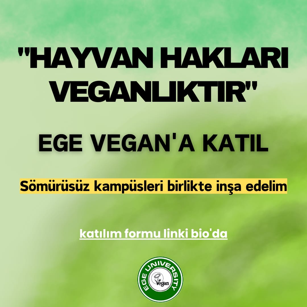 Ege Üniversiteli veganlara ve vegan olmak isteyenlere duyurulur!

Ege Üniversitesi'nde veganlarla tanışıp, piknikler yapmak oyunlar oynamak ve etkinlik planlamak istersen bio'daki formu doldurarak aramıza katılabilirsin! 🌱