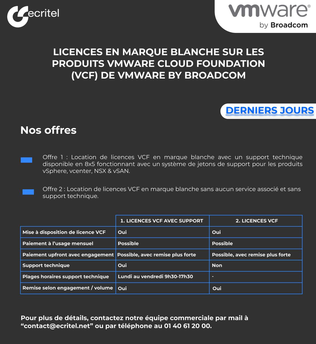 Plus que quelques jours pour commander et déclarer vos #licences par le biais du programme CSP #Broadcom #Vmware
Ecritel à travers son offre white label vous accompagne dans la transition en vous proposant les solutions les plus adaptées à vos besoins 
#serviceprovider #cloud