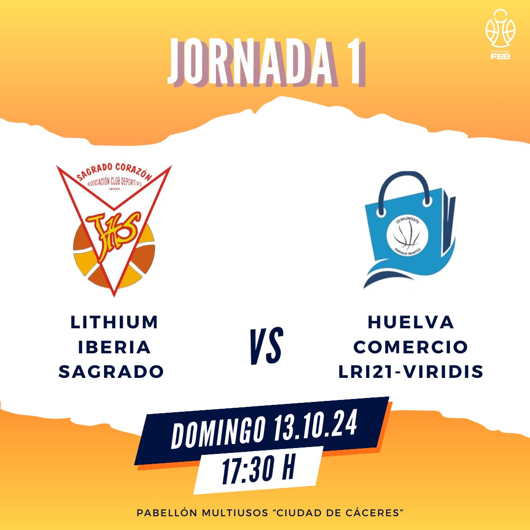 JORNADA 1 | Tercera FEB 🏠

🆚 <a href="/CDB_EBenitez/">HUELVA COMERCIO VIRIDIS</a> 
🗓️ Domingo 13/10
🕢 17:30h
🏟️ Pabellón Multiusos

🎟️ Simpatizantes y Cantera 🆓 | No simpatizantes 5️⃣€ | Joven 3️⃣€ 

#SintiendoNaranja